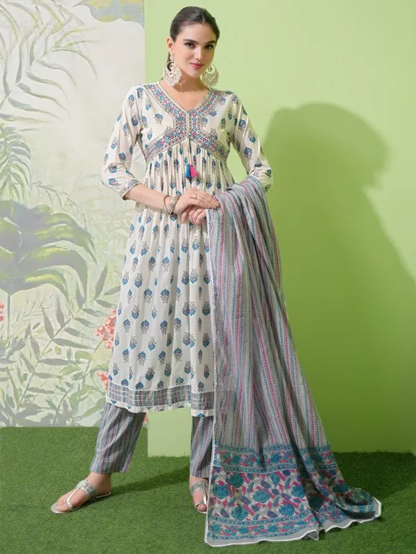 Vishudh Women White Printed Kurta With Trouser And Dupatta