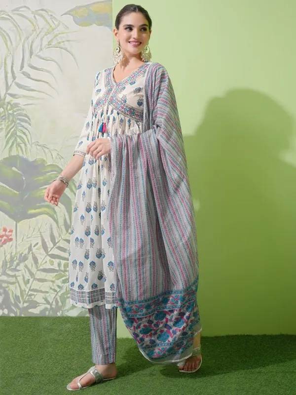 Vishudh Women White Printed Kurta With Trouser And Dupatta