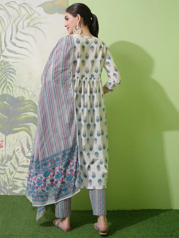 Vishudh Women White Printed Kurta With Trouser And Dupatta