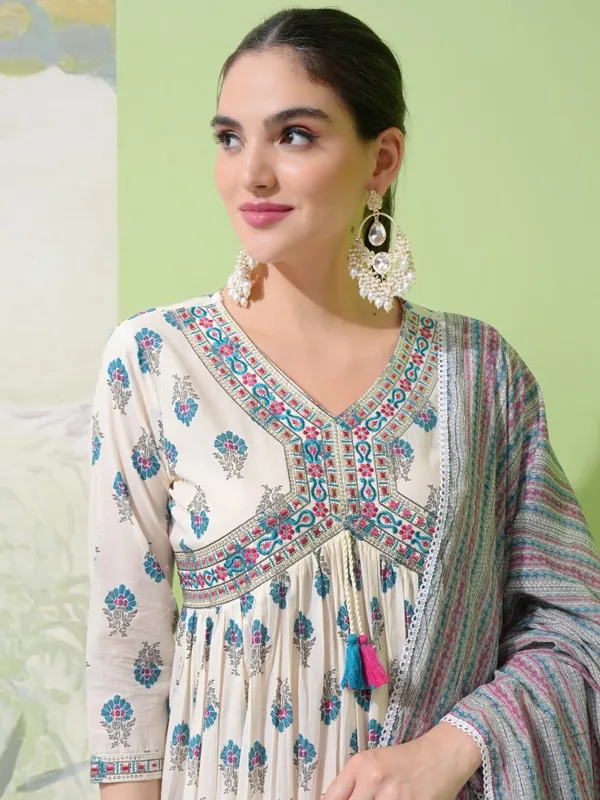 Vishudh Women White Printed Kurta With Trouser And Dupatta