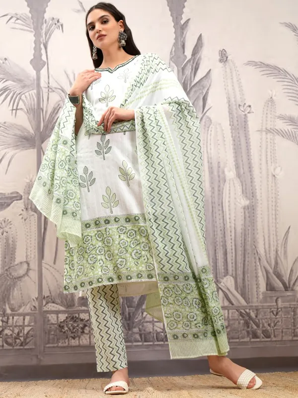 Vishudh Women White Printed Kurta With Trousers And Dupatta
