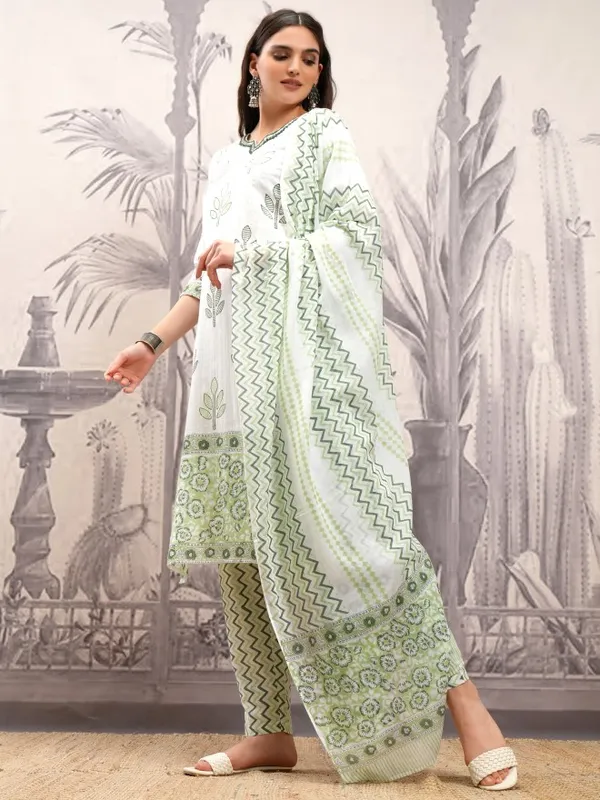 Vishudh Women White Printed Kurta With Trousers And Dupatta
