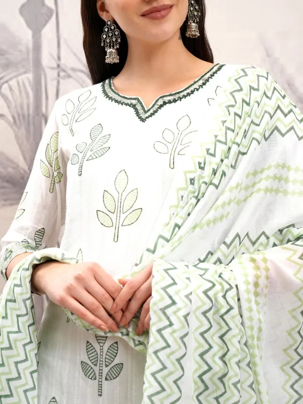 Vishudh Women White Printed Kurta With Trousers And Dupatta