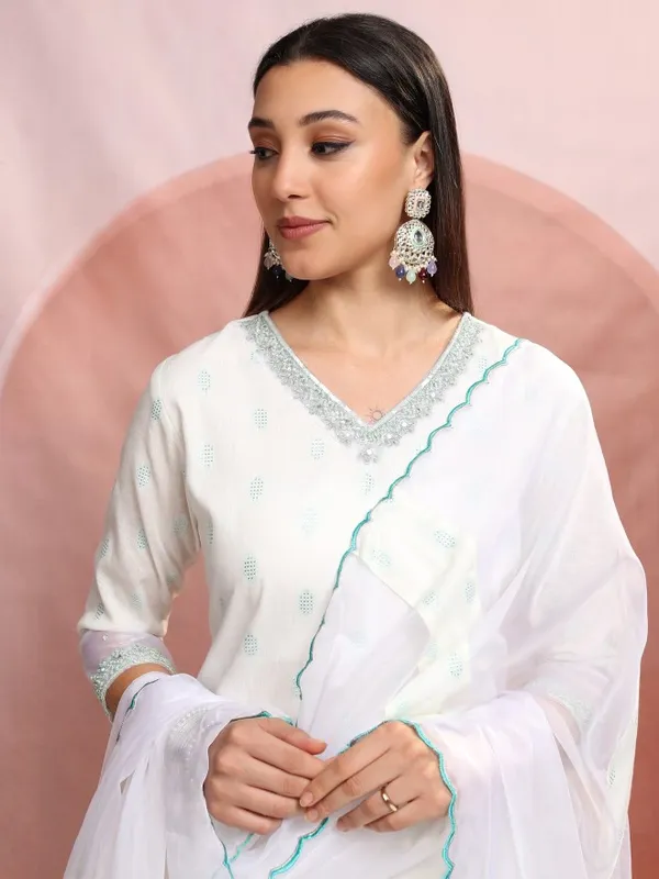Vishudh Women White Printed Kurta With Trousers And Dupatta
