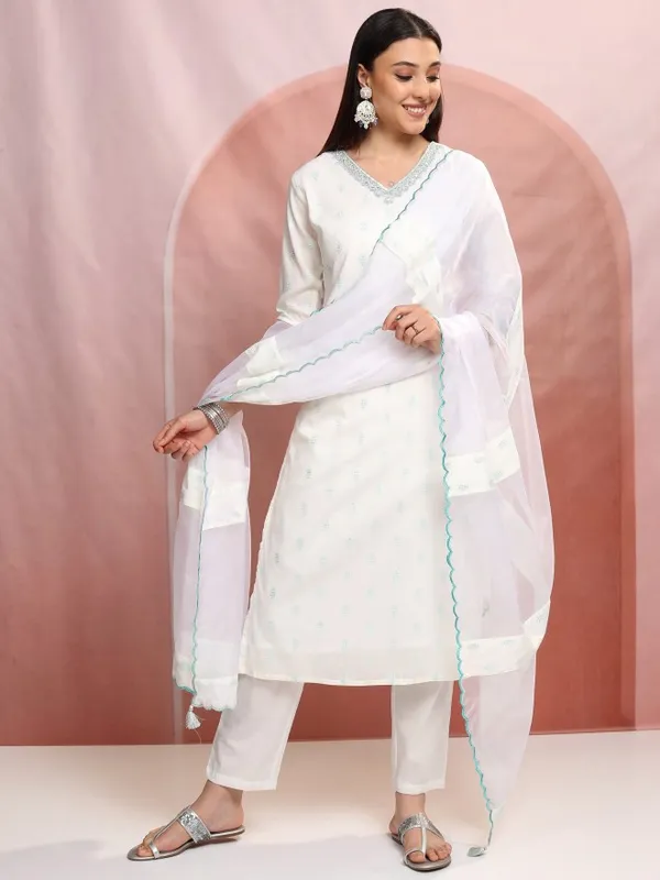 Vishudh Women White Printed Kurta With Trousers And Dupatta