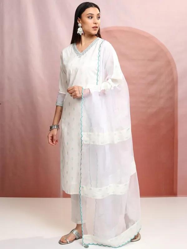 Vishudh Women White Printed Kurta With Trousers And Dupatta