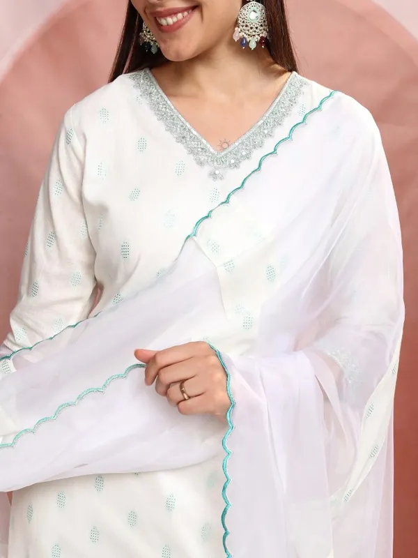 Vishudh Women White Printed Kurta With Trousers And Dupatta