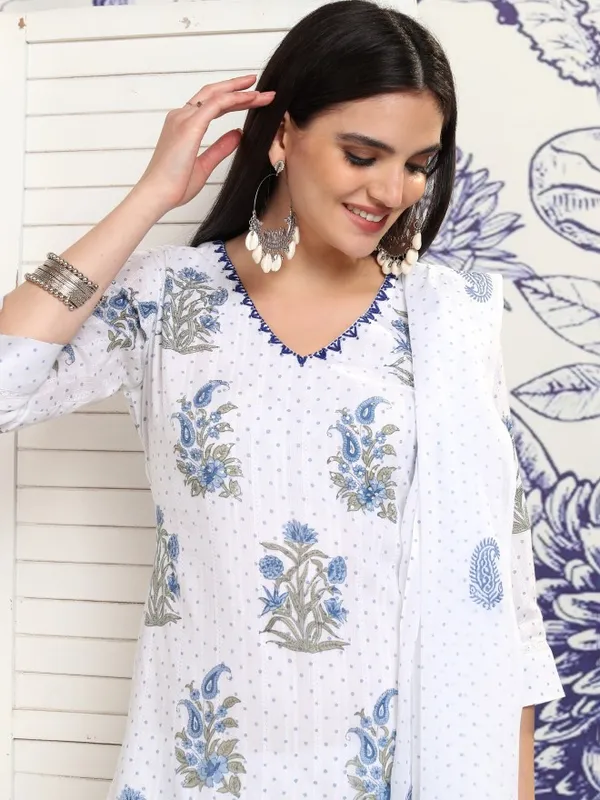 Vishudh Women White Printed Kurta With Trouser And Dupatta