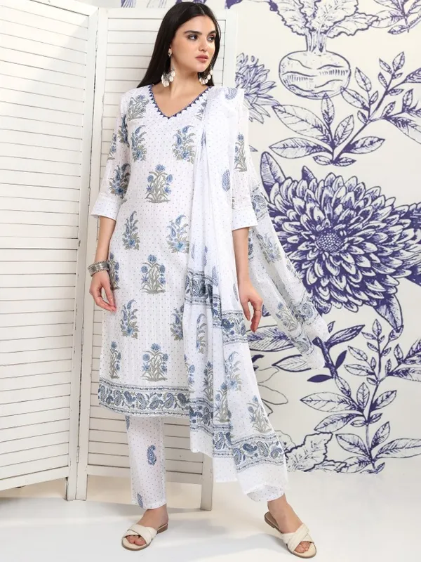 Vishudh Women White Printed Kurta With Trouser And Dupatta