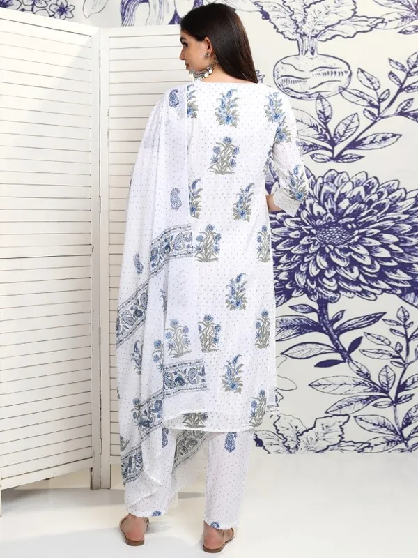 Vishudh Women White Printed Kurta With Trouser And Dupatta