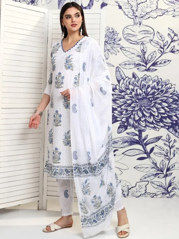 Vishudh Women White Printed Kurta With Trouser And Dupatta