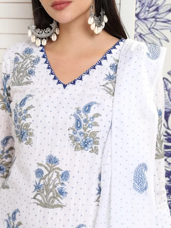 Vishudh Women White Printed Kurta With Trouser And Dupatta