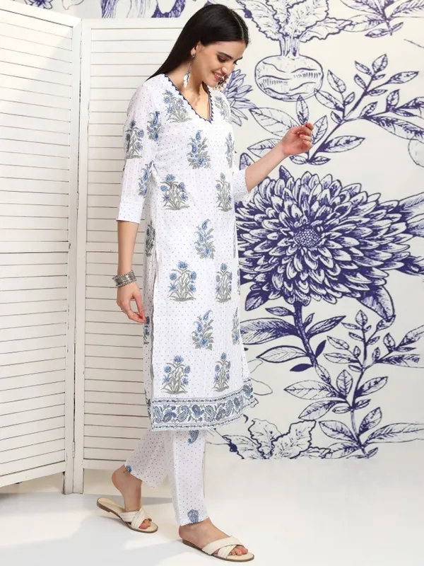 Vishudh Women White Printed Kurta With Trouser And Dupatta