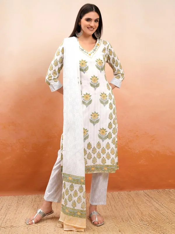 Vishudh Women White Printed Kurta With Trousers And Dupatta