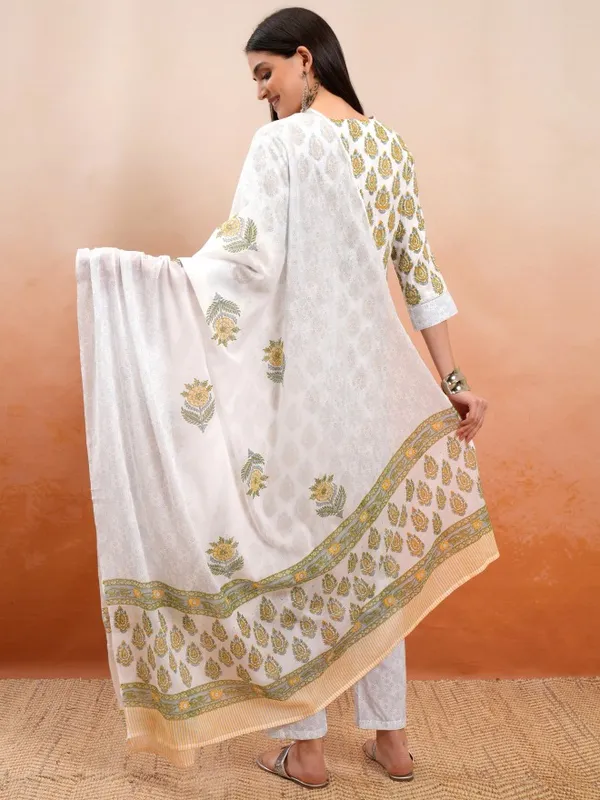 Vishudh Women White Printed Kurta With Trousers And Dupatta