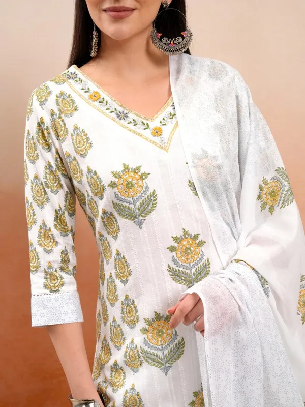 Vishudh Women White Printed Kurta With Trousers And Dupatta
