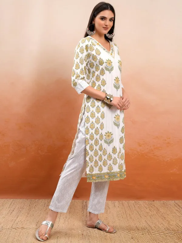 Vishudh Women White Printed Kurta With Trousers And Dupatta