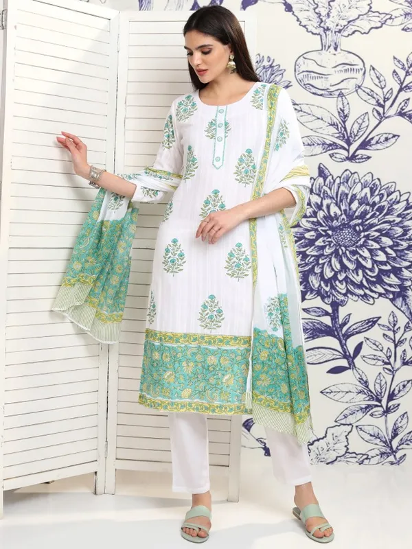 Vishudh Women White Printed Kurta With Trousers And Dupatta