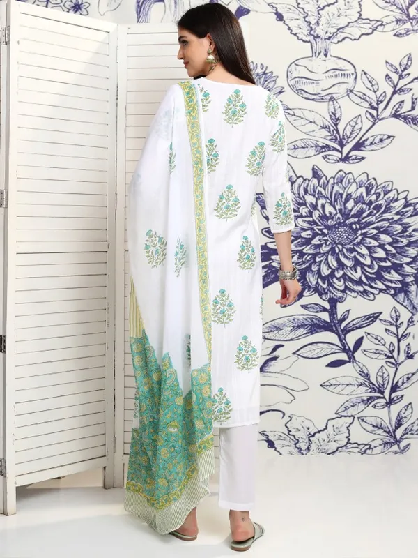 Vishudh Women White Printed Kurta With Trousers And Dupatta