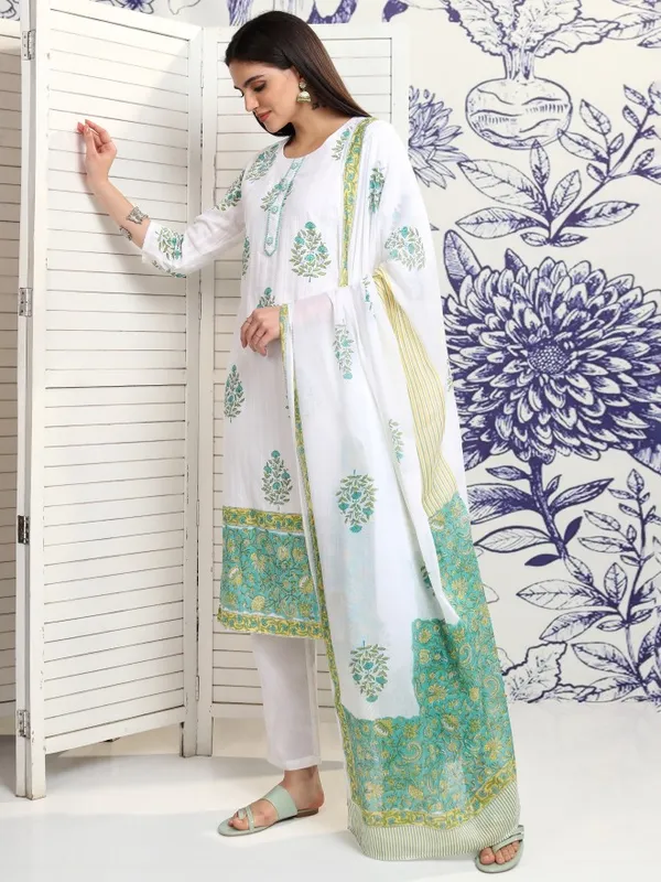 Vishudh Women White Printed Kurta With Trousers And Dupatta