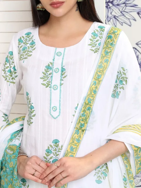 Vishudh Women White Printed Kurta With Trousers And Dupatta