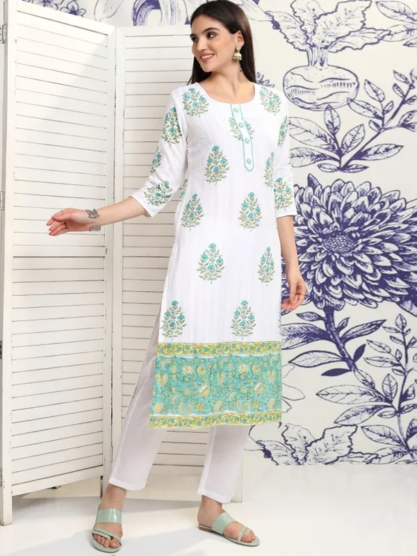 Vishudh Women White Printed Kurta With Trousers And Dupatta