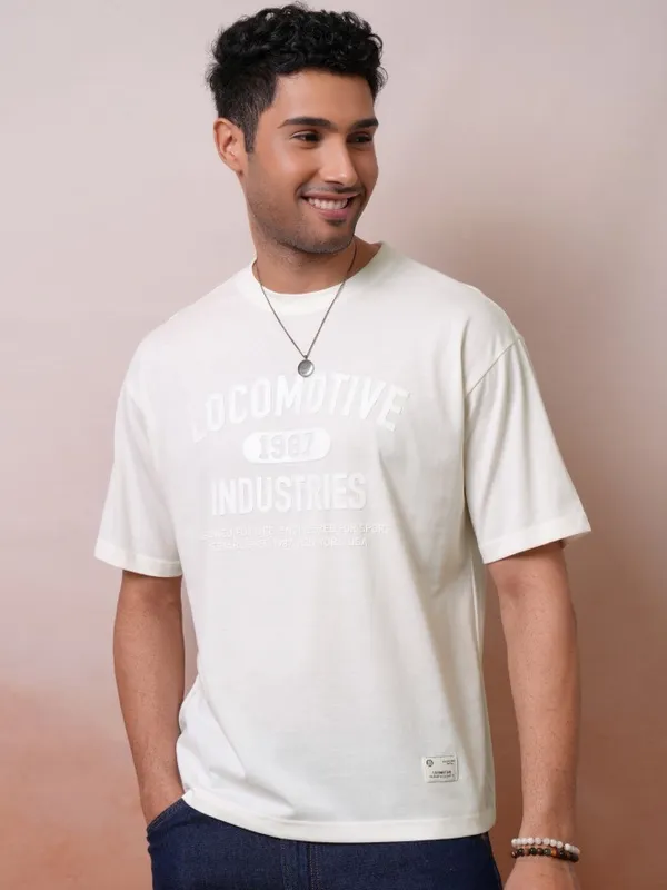 Locomotive Men Premium Off White Relaxed Fit Drop Shoulder Round Neck Half Sleeve T-Shirt