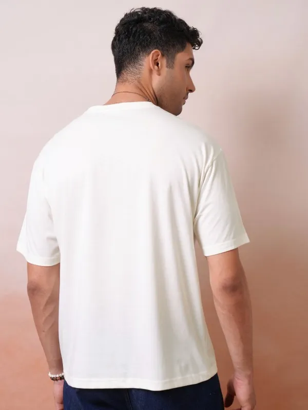 Locomotive Men Premium Off White Relaxed Fit Drop Shoulder Round Neck Half Sleeve T-Shirt