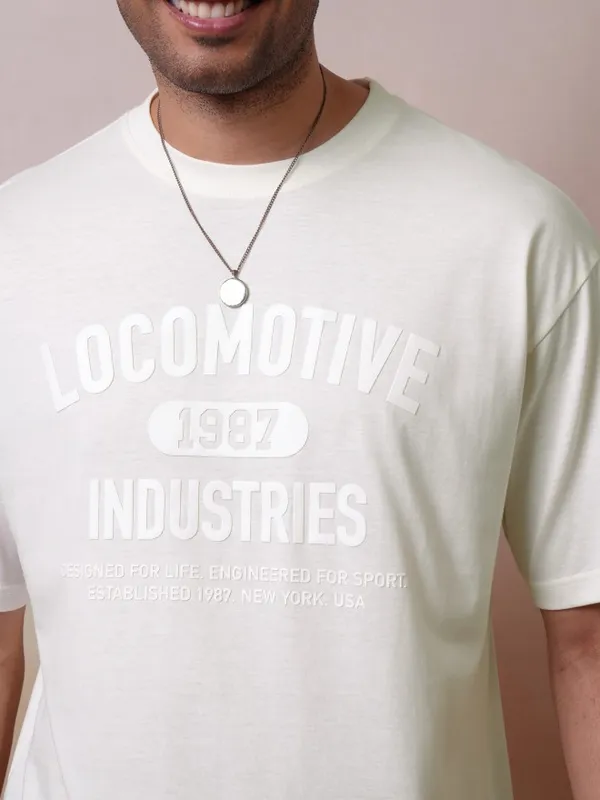 Locomotive Men Premium Off White Relaxed Fit Drop Shoulder Round Neck Half Sleeve T-Shirt