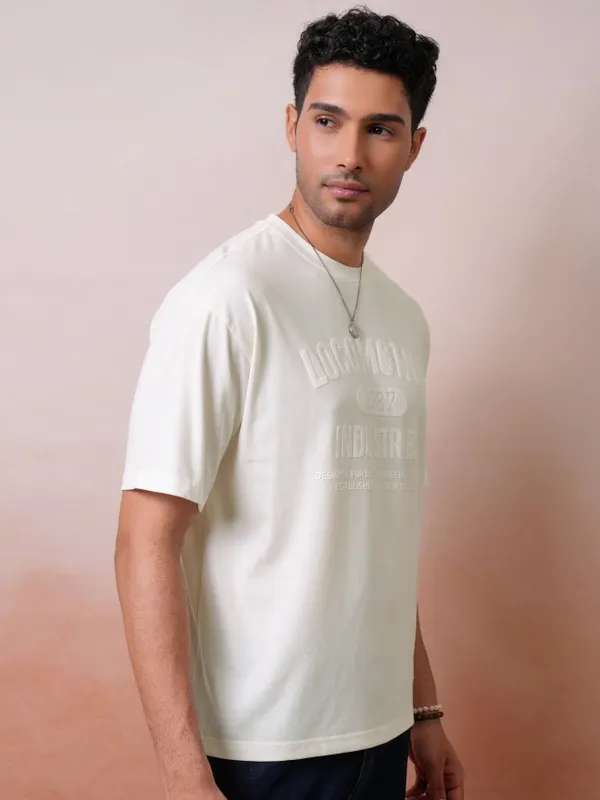 Locomotive Men Premium Off White Relaxed Fit Drop Shoulder Round Neck Half Sleeve T-Shirt