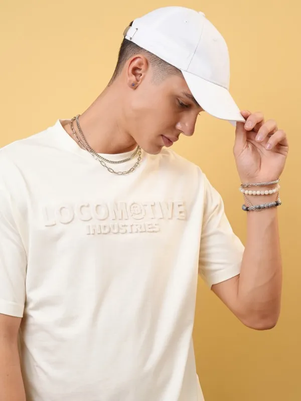 Locomotive Premium Men Off White Relaxed Fit Drop Shoulder Round Neck Half Sleeve T-Shirt