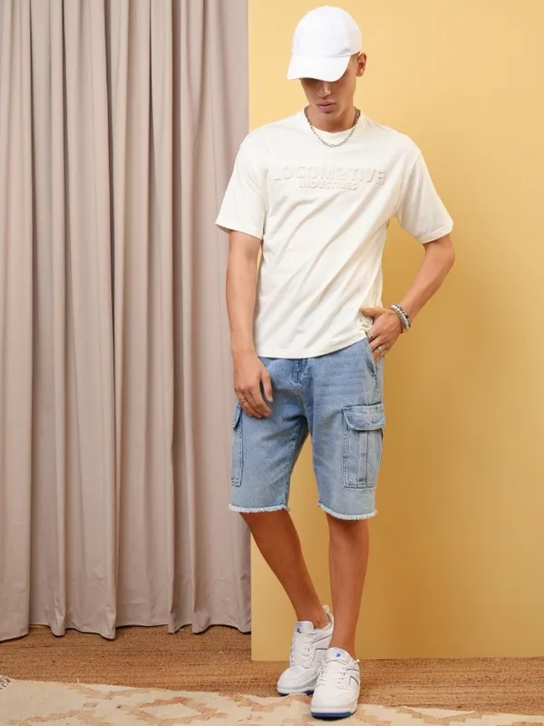 Locomotive Premium Men Off White Relaxed Fit Drop Shoulder Round Neck Half Sleeve T-Shirt