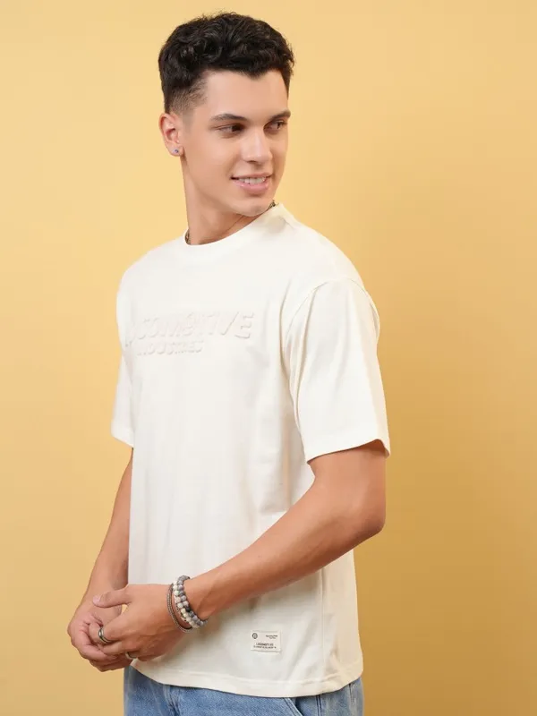 Locomotive Premium Men Off White Relaxed Fit Drop Shoulder Round Neck Half Sleeve T-Shirt