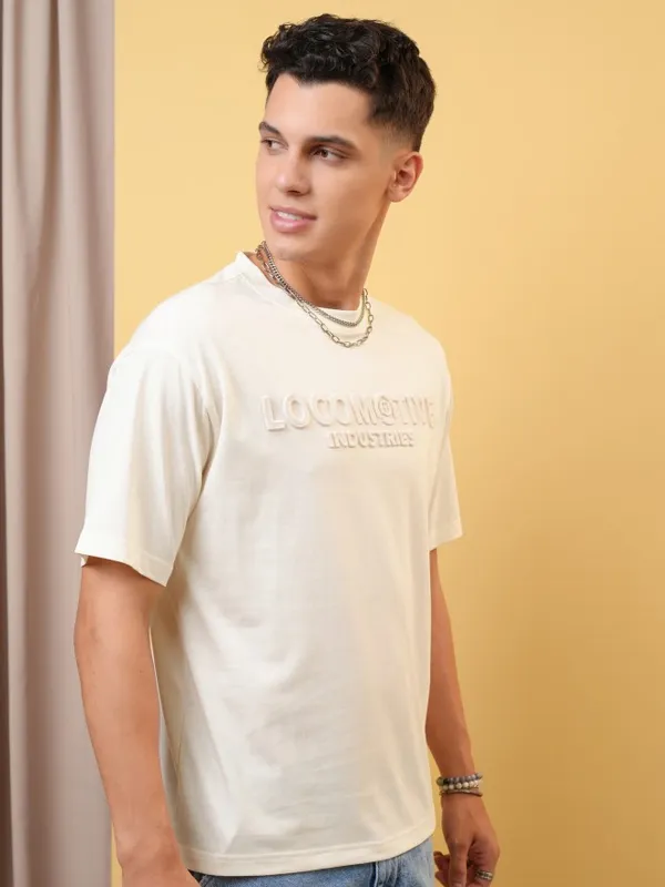 Locomotive Premium Men Off White Relaxed Fit Drop Shoulder Round Neck Half Sleeve T-Shirt
