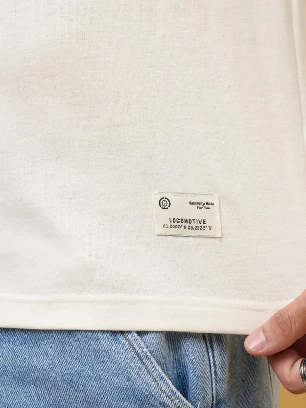Locomotive Premium Men Off White Relaxed Fit Drop Shoulder Round Neck Half Sleeve T-Shirt