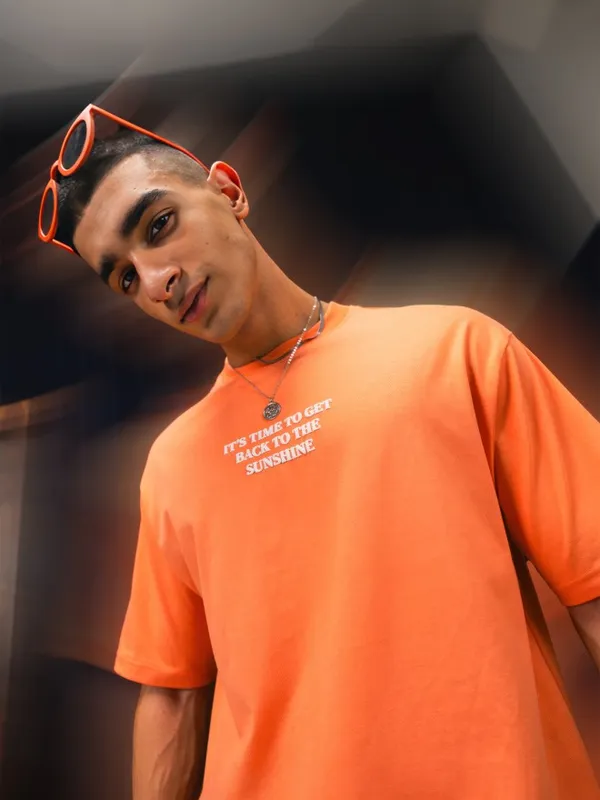 Highlander Men Orange Printed Round Neck T-Shirts