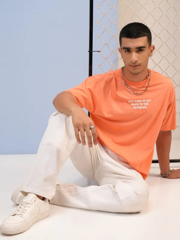 Highlander Men Orange Printed Round Neck T-Shirts