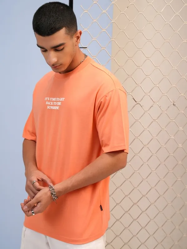 Highlander Men Orange Printed Round Neck T-Shirts
