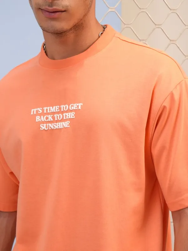 Highlander Men Orange Printed Round Neck T-Shirts