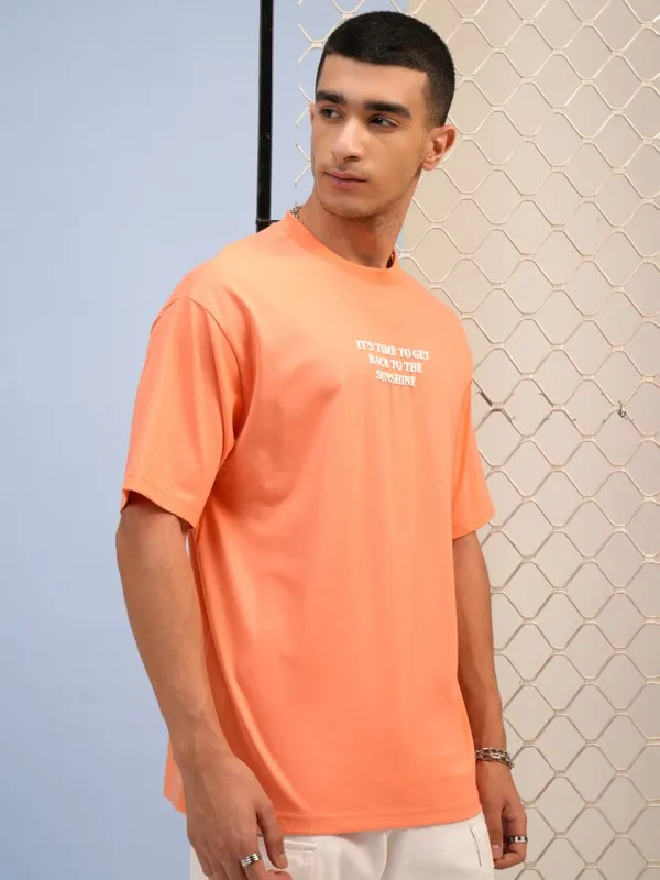 Highlander Men Orange Printed Round Neck T-Shirts