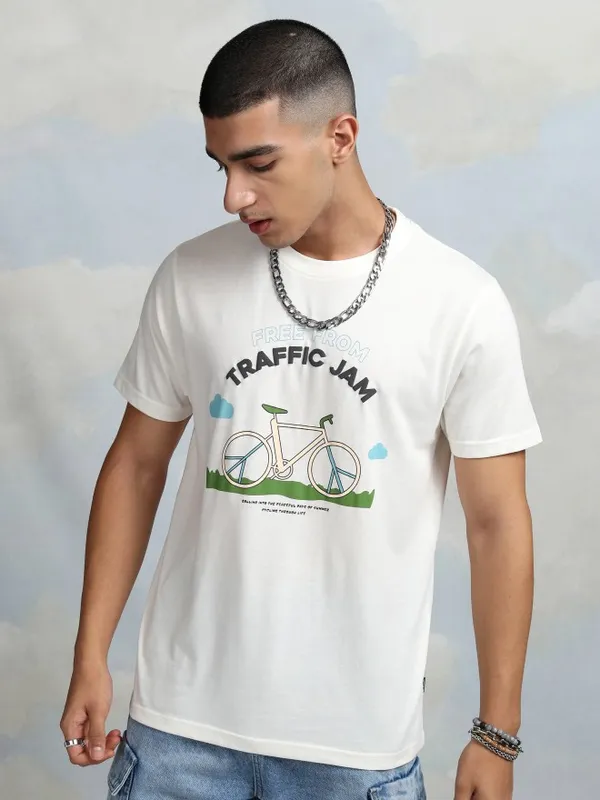Highlander Men Off White Printed Round Neck T-Shirt