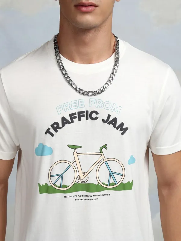 Highlander Men Off White Printed Round Neck T-Shirt