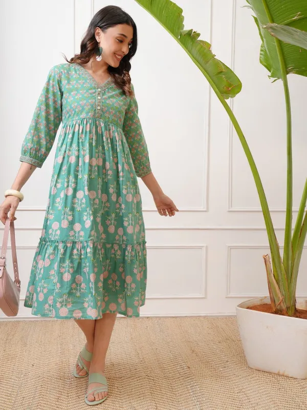 Vishudh Women Green Printed Fit and Flare Dress