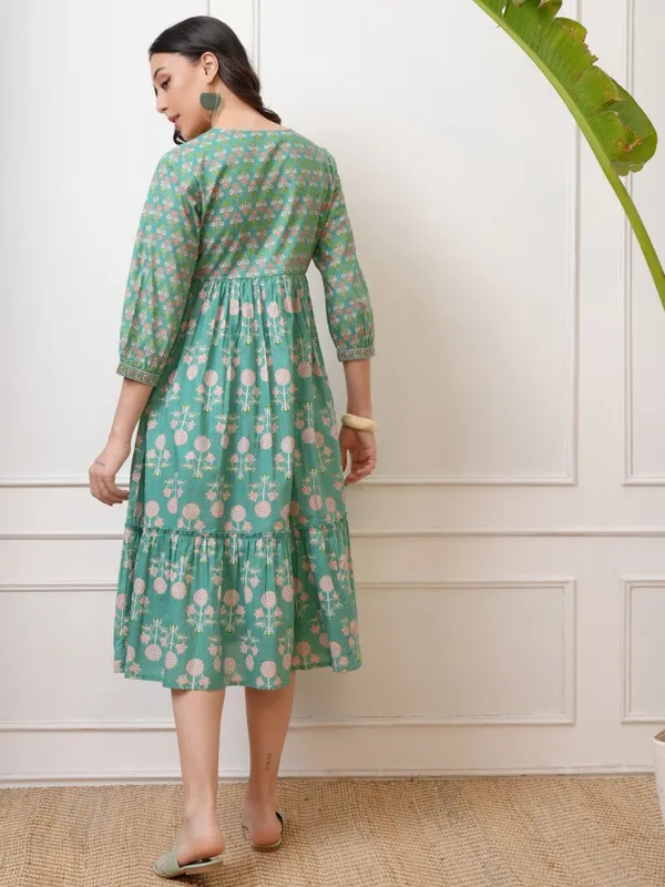 Vishudh Women Green Printed Fit and Flare Dress