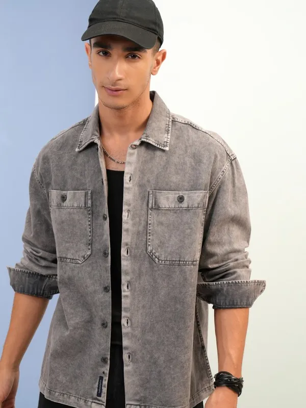 Highlander Men Grey Faded Oversized Fit Casual Shirts