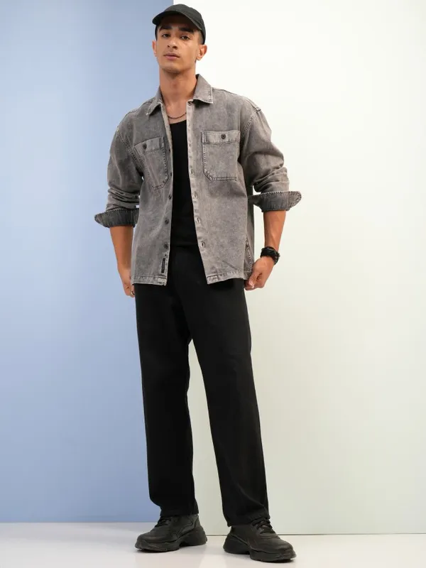Highlander Men Grey Faded Oversized Fit Casual Shirts