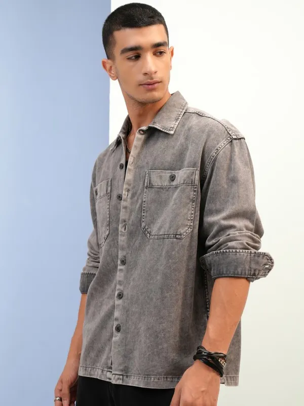 Highlander Men Grey Faded Oversized Fit Casual Shirts