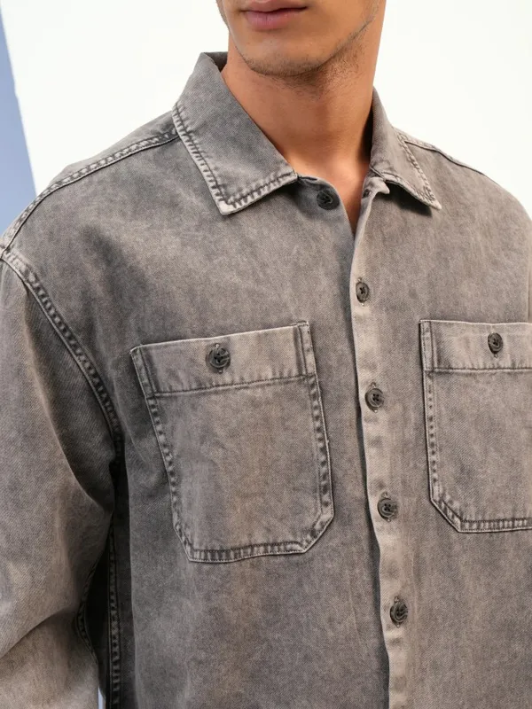 Highlander Men Grey Faded Oversized Fit Casual Shirts