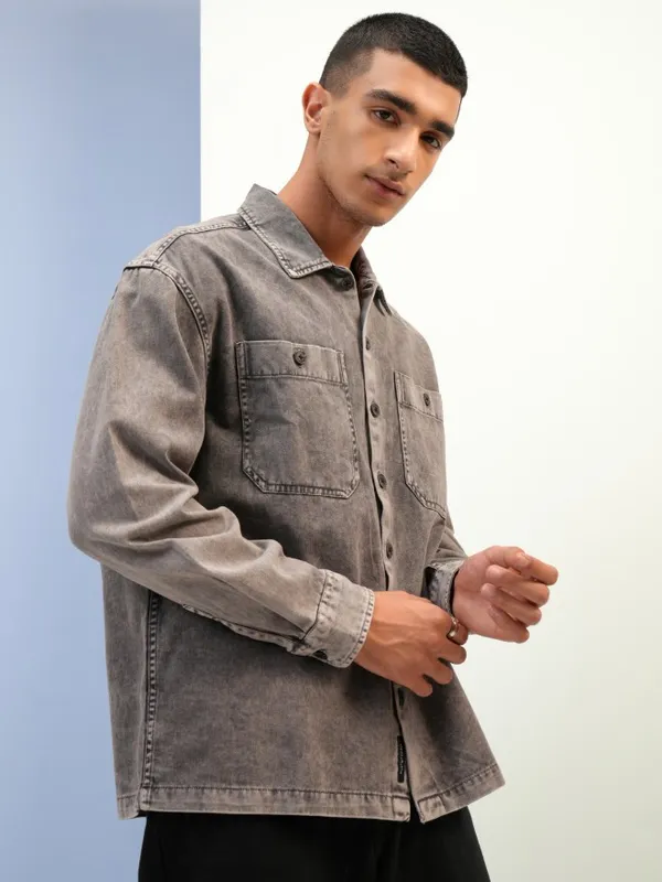Highlander Men Grey Faded Oversized Fit Casual Shirts