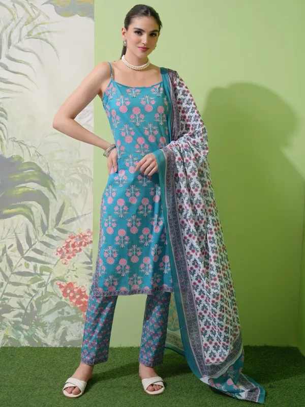 Vishudh Women Blue Printed Kurta With Trousers & Dupatta